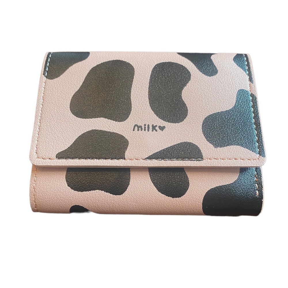 Leather Pink and Black Cow Print Trifold Wallet